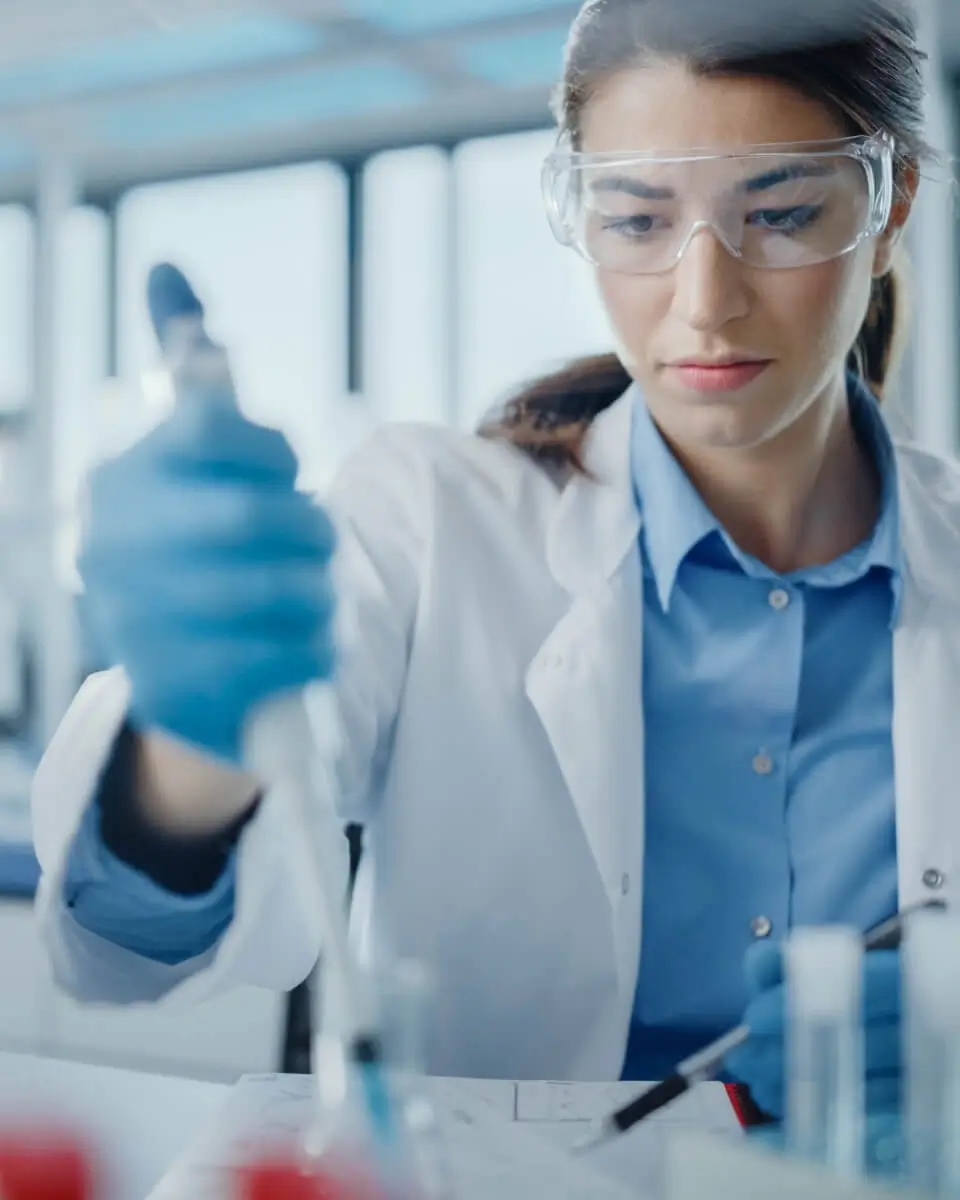 Female scientist pipetting blue lfuid into test tube